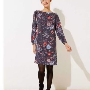 LOFT Grey Floral Dress Nouveau Garden Cuffed Shirtdress 12